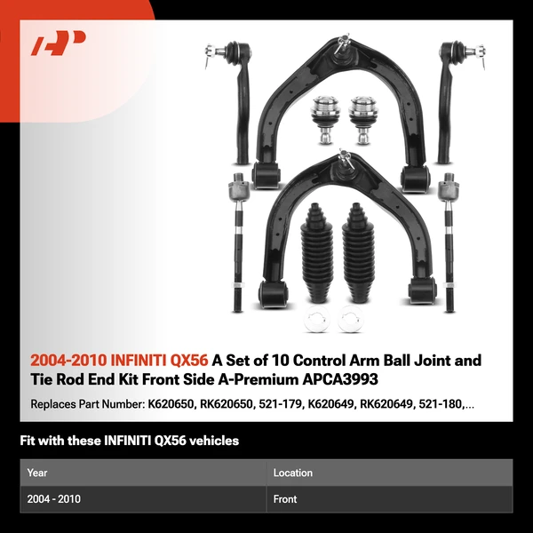 2004-2010 INFINITI QX56 A Set of 10 Control Arm Ball Joint and Tie Rod End Kit Front Side A-Premium APCA3993