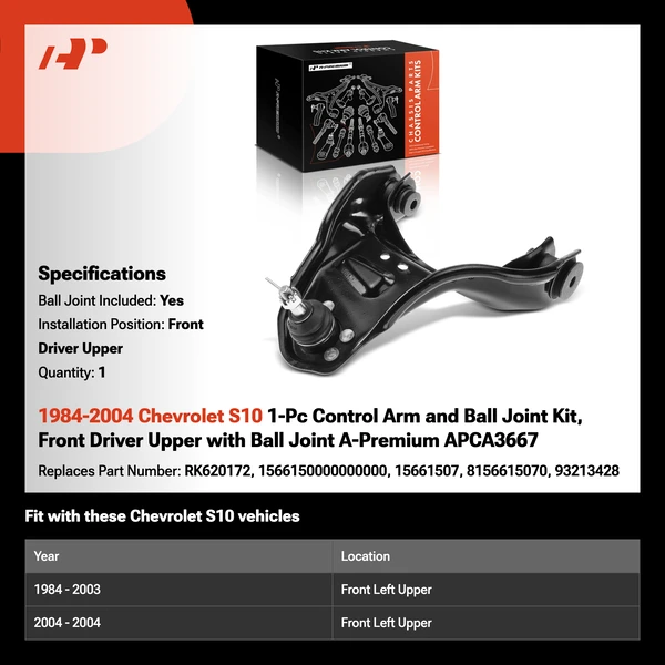 1984-2004 Chevrolet S10 1-Pc Control Arm and Ball Joint Kit, Front Driver Upper with Ball Joint A-Premium APCA3667
