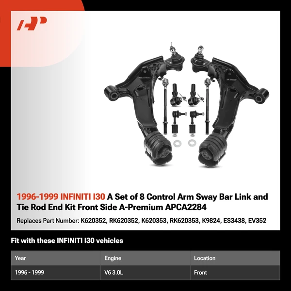 1996-1999 INFINITI I30 A Set of 8 Control Arm Sway Bar Link and Tie Rod End Kit Front Side A-Premium APCA2284