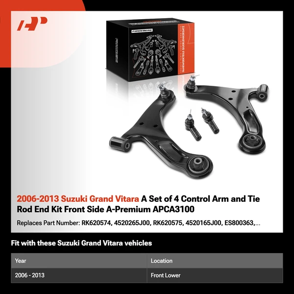 2006-2013 Suzuki Grand Vitara A Set of 4 Control Arm and Tie Rod End Kit Front Side A-Premium APCA3100