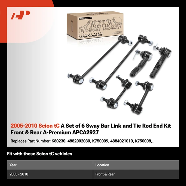 2005-2010 Scion tC A Set of 6 Sway Bar Link and Tie Rod End Kit Front & Rear A-Premium APCA2927