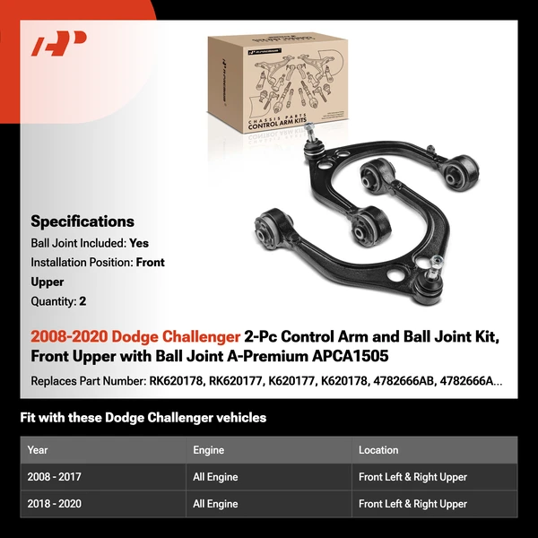 2008-2020 Dodge Challenger 2-Pc Control Arm and Ball Joint Kit, Front Upper with Ball Joint A-Premium APCA1505