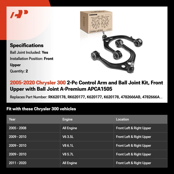 2005-2020 Chrysler 300 2-Pc Control Arm and Ball Joint Kit, Front Upper with Ball Joint A-Premium APCA1505