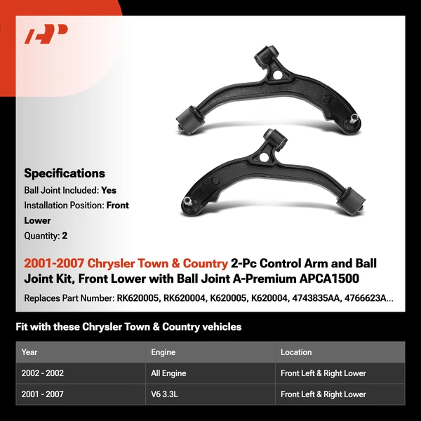 2001-2007 Chrysler Town & Country 2-Pc Control Arm and Ball Joint Kit, Front Lower with Ball Joint A-Premium APCA1500