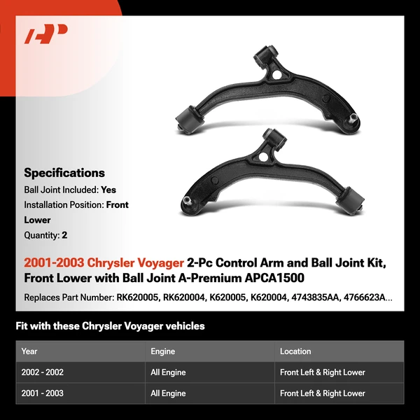 2001-2003 Chrysler Voyager 2-Pc Control Arm and Ball Joint Kit, Front Lower with Ball Joint A-Premium APCA1500