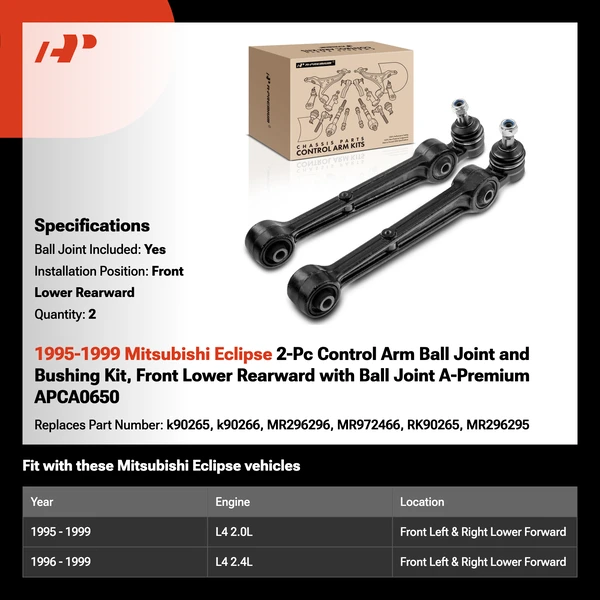 1995-1999 Mitsubishi Eclipse 2-Pc Control Arm Ball Joint and Bushing Kit, Front Lower Rearward with Ball Joint A-Premium APCA0650