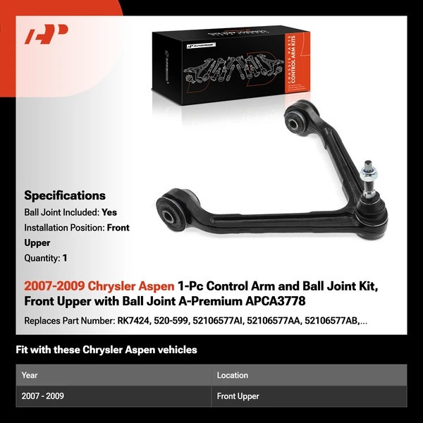 2007-2009 Chrysler Aspen 1-Pc Control Arm and Ball Joint Kit, Front Upper with Ball Joint A-Premium APCA3778