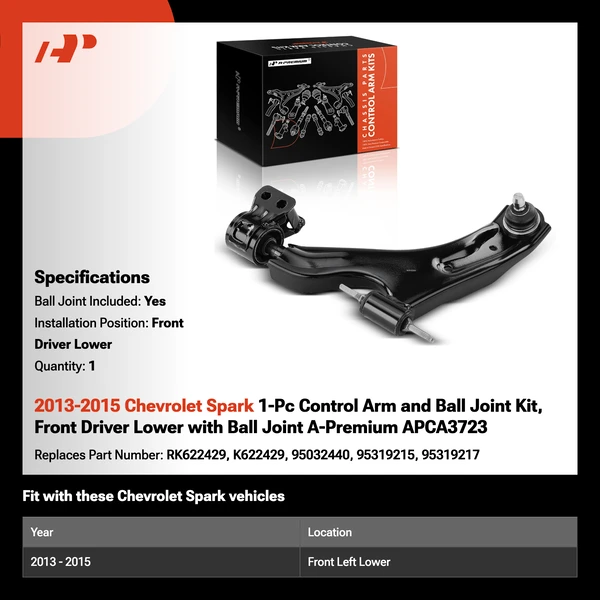 2013-2015 Chevrolet Spark 1-Pc Control Arm and Ball Joint Kit, Front Driver Lower with Ball Joint A-Premium APCA3723