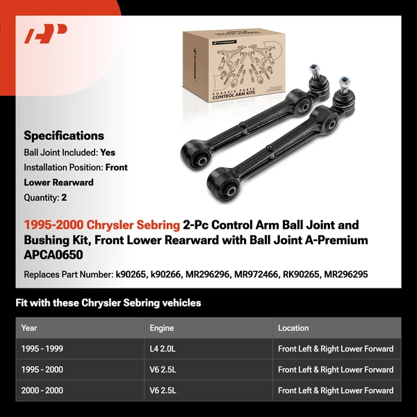 1995-2000 Chrysler Sebring 2-Pc Control Arm Ball Joint and Bushing Kit, Front Lower Rearward with Ball Joint A-Premium APCA0650