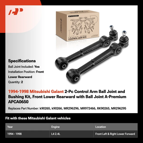1994-1998 Mitsubishi Galant 2-Pc Control Arm Ball Joint and Bushing Kit, Front Lower Rearward with Ball Joint A-Premium APCA0650