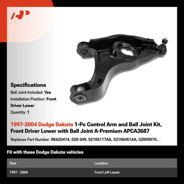 1997-2004 Dodge Dakota 1-Pc Control Arm and Ball Joint Kit, Front Driver Lower with Ball Joint A-Premium APCA3687