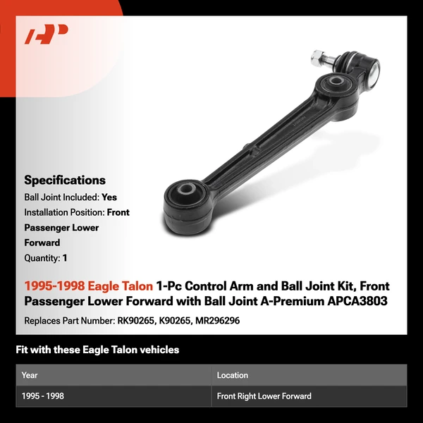 1995-1998 Eagle Talon 1-Pc Control Arm and Ball Joint Kit, Front Passenger Lower Forward with Ball Joint A-Premium APCA3803