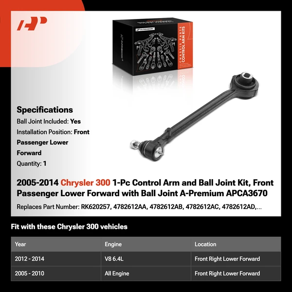 2005-2014 Chrysler 300 1-Pc Control Arm and Ball Joint Kit, Front Passenger Lower Forward with Ball Joint A-Premium APCA3670