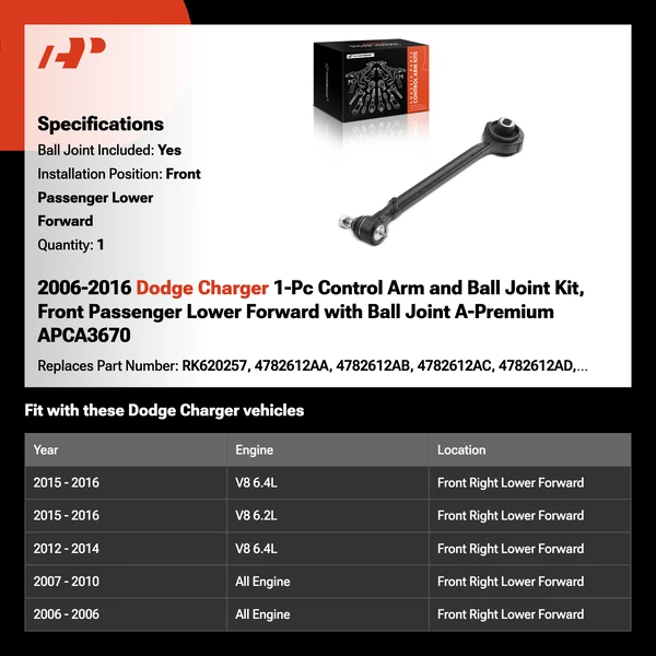 2006-2016 Dodge Charger 1-Pc Control Arm and Ball Joint Kit, Front Passenger Lower Forward with Ball Joint A-Premium APCA3670