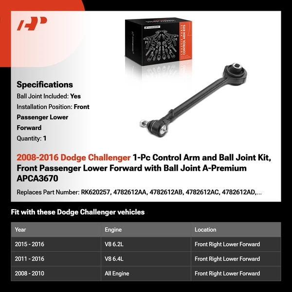 2008-2016 Dodge Challenger 1-Pc Control Arm and Ball Joint Kit, Front Passenger Lower Forward with Ball Joint A-Premium APCA3670