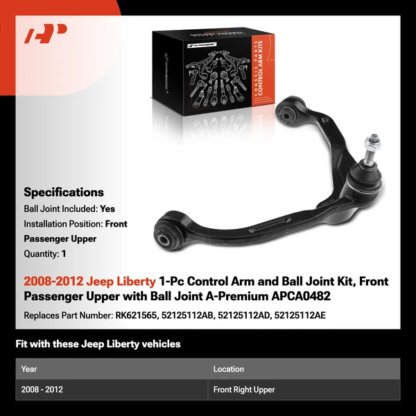 2008-2012 Jeep Liberty 1-Pc Control Arm and Ball Joint Kit, Front Passenger Upper with Ball Joint A-Premium APCA0482