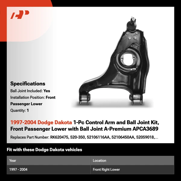 1997-2004 Dodge Dakota 1-Pc Control Arm and Ball Joint Kit, Front Passenger Lower with Ball Joint A-Premium APCA3689