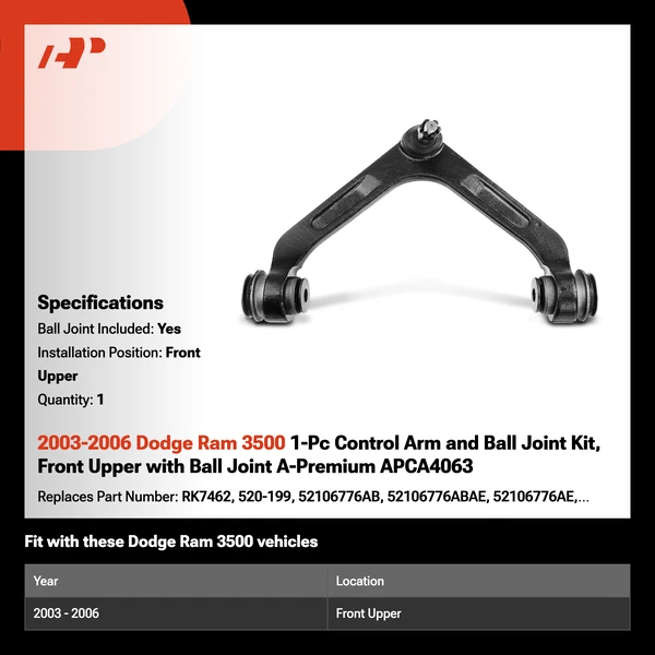 2003-2006 Dodge Ram 3500 1-Pc Control Arm and Ball Joint Kit, Front Upper with Ball Joint A-Premium APCA4063
