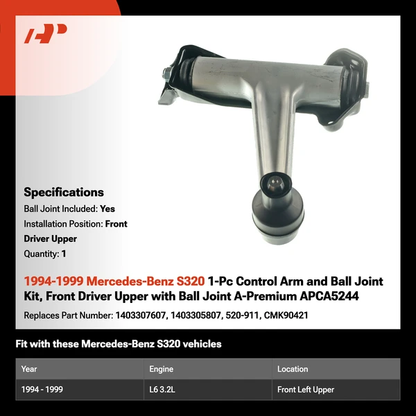1994-1999 Mercedes-Benz S320 1-Pc Control Arm and Ball Joint Kit, Front Driver Upper with Ball Joint A-Premium APCA5244