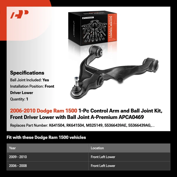 2006-2010 Dodge Ram 1500 1-Pc Control Arm and Ball Joint Kit, Front Driver Lower with Ball Joint A-Premium APCA0469