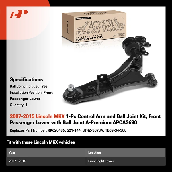 2007-2015 Lincoln MKX 1-Pc Control Arm and Ball Joint Kit, Front Passenger Lower with Ball Joint A-Premium APCA3690