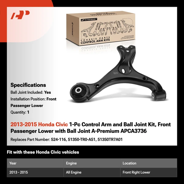 2013-2015 Honda Civic 1-Pc Control Arm and Ball Joint Kit, Front Passenger Lower with Ball Joint A-Premium APCA3736