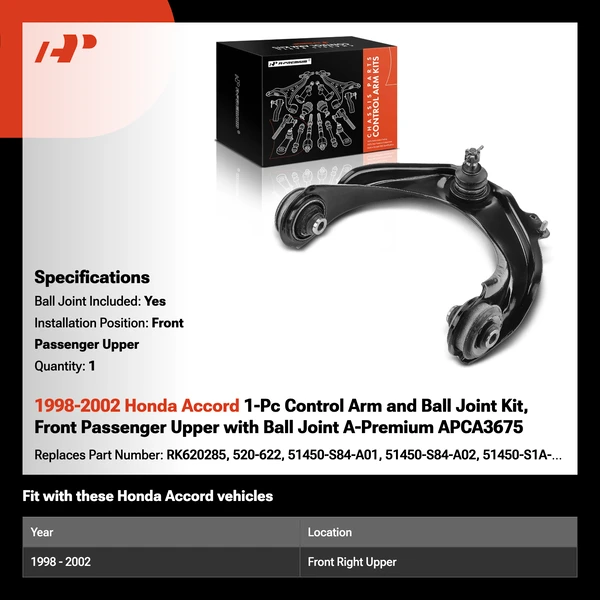 1998-2002 Honda Accord 1-Pc Control Arm and Ball Joint Kit, Front Passenger Upper with Ball Joint A-Premium APCA3675