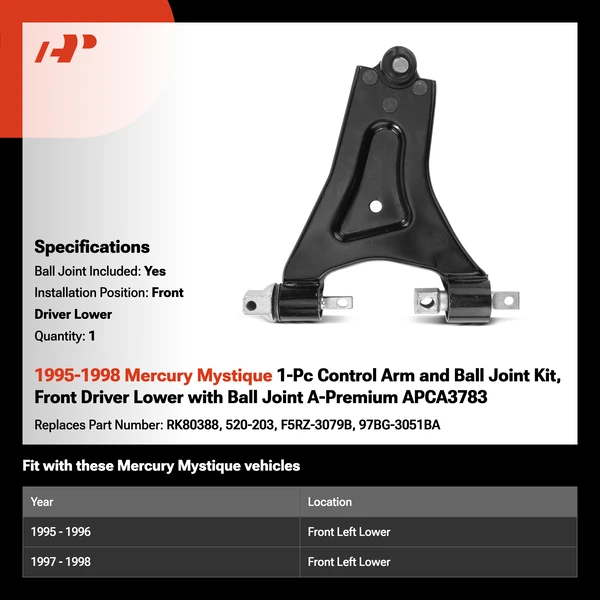 1995-1998 Mercury Mystique 1-Pc Control Arm and Ball Joint Kit, Front Driver Lower with Ball Joint A-Premium APCA3783