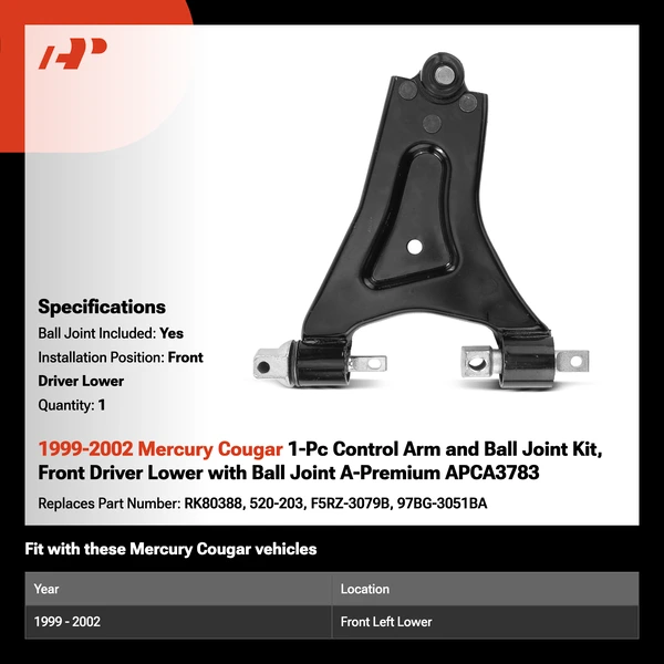 1999-2002 Mercury Cougar 1-Pc Control Arm and Ball Joint Kit, Front Driver Lower with Ball Joint A-Premium APCA3783