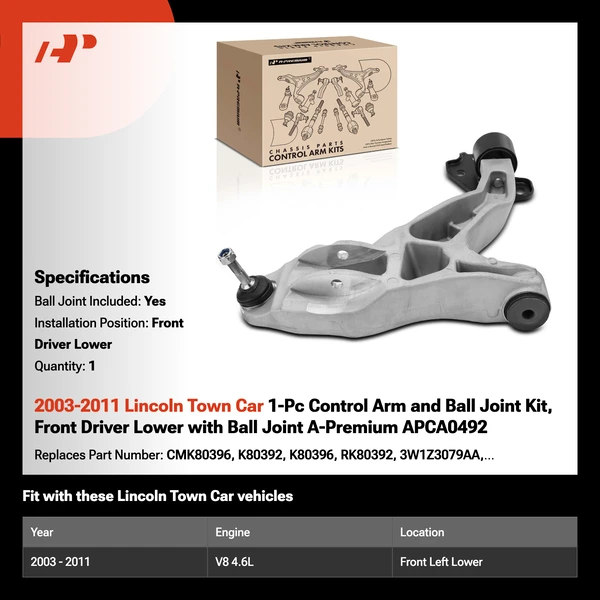 2003-2011 Lincoln Town Car 1-Pc Control Arm and Ball Joint Kit, Front Driver Lower with Ball Joint A-Premium APCA0492