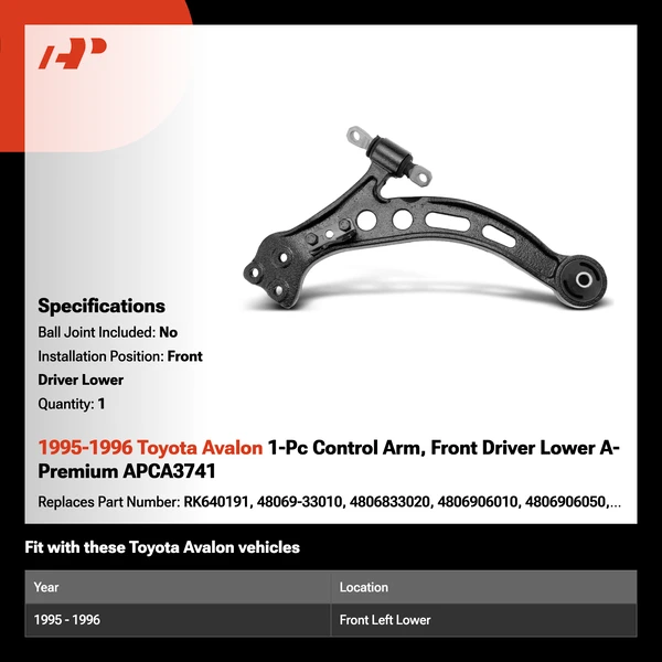 1995-1996 Toyota Avalon 1-Pc Control Arm, Front Driver Lower A-Premium APCA3741