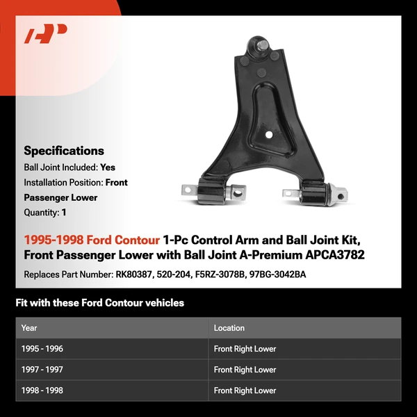 1995-1998 Ford Contour 1-Pc Control Arm and Ball Joint Kit, Front Passenger Lower with Ball Joint A-Premium APCA3782