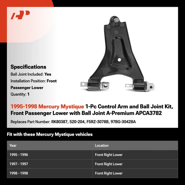 1995-1998 Mercury Mystique 1-Pc Control Arm and Ball Joint Kit, Front Passenger Lower with Ball Joint A-Premium APCA3782