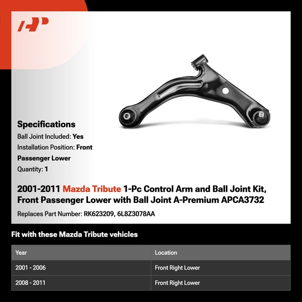 2001-2011 Mazda Tribute 1-Pc Control Arm and Ball Joint Kit, Front Passenger Lower with Ball Joint A-Premium APCA3732