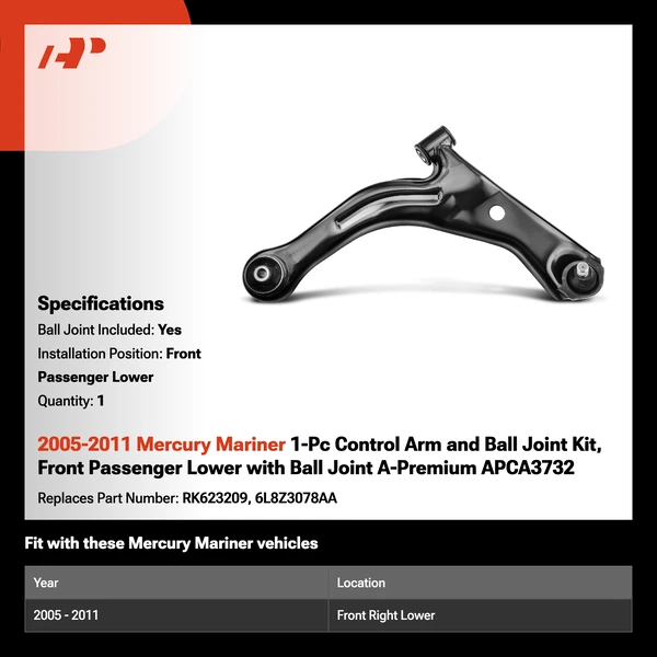 2005-2011 Mercury Mariner 1-Pc Control Arm and Ball Joint Kit, Front Passenger Lower with Ball Joint A-Premium APCA3732