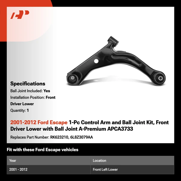 2001-2012 Ford Escape 1-Pc Control Arm and Ball Joint Kit, Front Driver Lower with Ball Joint A-Premium APCA3733