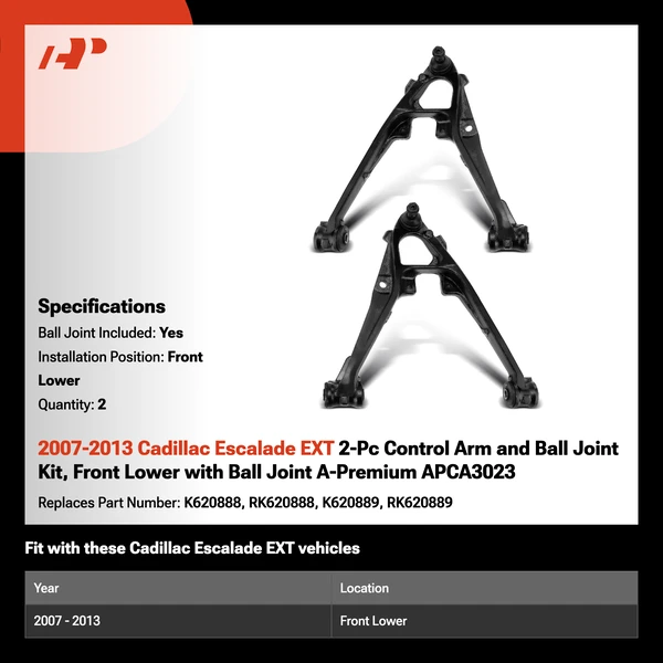 2007-2013 Cadillac Escalade EXT 2-Pc Control Arm and Ball Joint Kit, Front Lower with Ball Joint A-Premium APCA3023