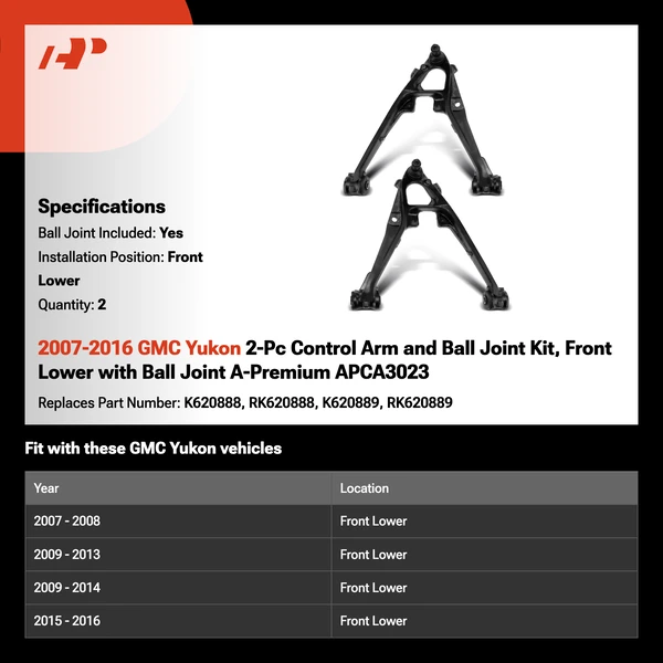 2007-2016 GMC Yukon 2-Pc Control Arm and Ball Joint Kit, Front Lower with Ball Joint A-Premium APCA3023