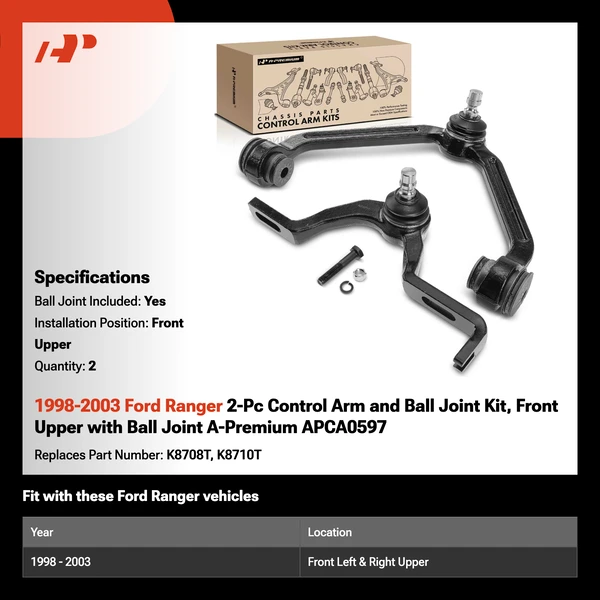 1998-2003 Ford Ranger 2-Pc Control Arm and Ball Joint Kit, Front Upper with Ball Joint A-Premium APCA0597