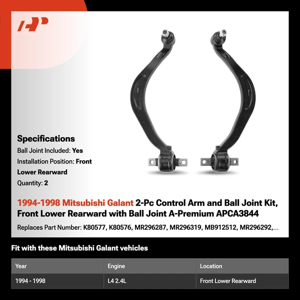 1994-1998 Mitsubishi Galant 2-Pc Control Arm and Ball Joint Kit, Front Lower Rearward with Ball Joint A-Premium APCA3844
