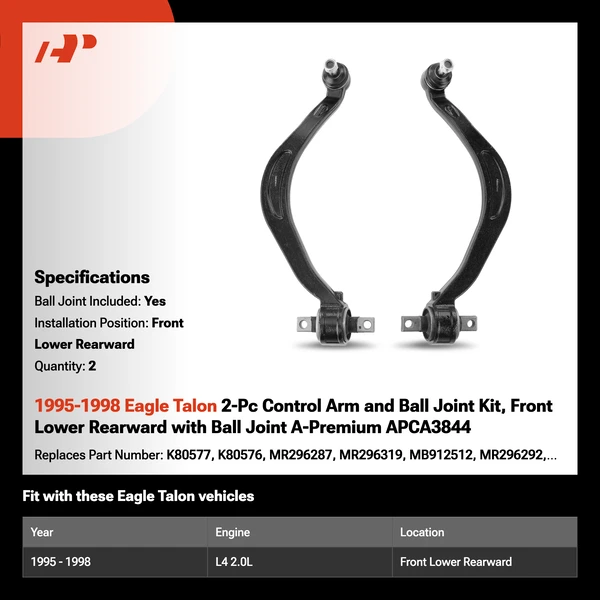 1995-1998 Eagle Talon 2-Pc Control Arm and Ball Joint Kit, Front Lower Rearward with Ball Joint A-Premium APCA3844