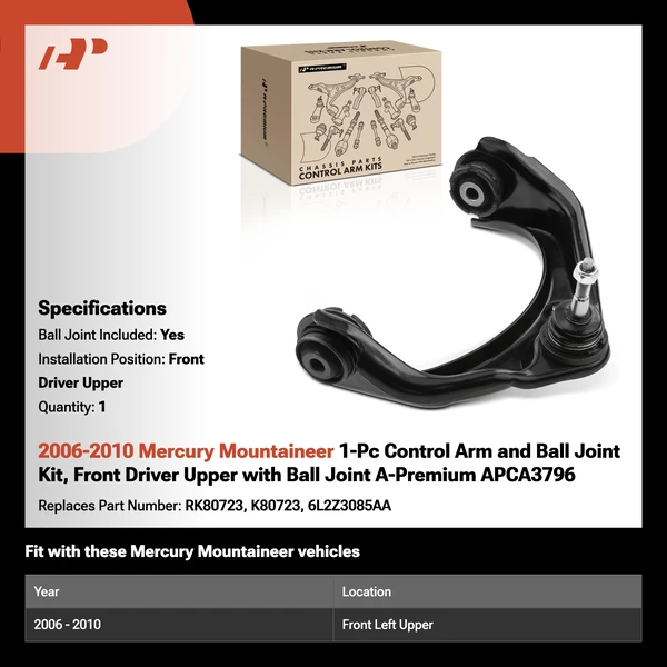 2006-2010 Mercury Mountaineer 1-Pc Control Arm and Ball Joint Kit, Front Driver Upper with Ball Joint A-Premium APCA3796