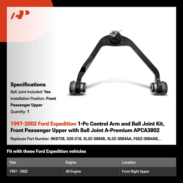 1997-2002 Ford Expedition 1-Pc Control Arm and Ball Joint Kit, Front Passenger Upper with Ball Joint A-Premium APCA3802