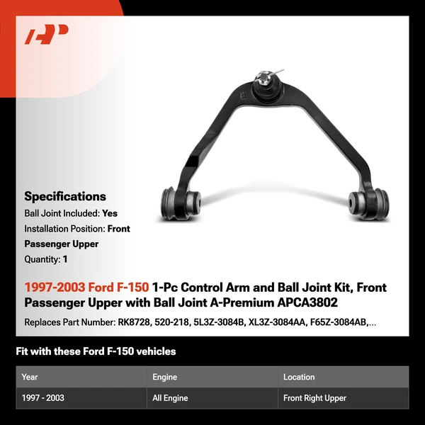 1997-2003 Ford F-150 1-Pc Control Arm and Ball Joint Kit, Front Passenger Upper with Ball Joint A-Premium APCA3802