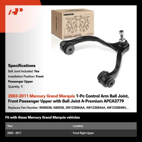 2003-2011 Mercury Grand Marquis 1-Pc Control Arm Ball Joint, Front Passenger Upper with Ball Joint A-Premium APCA3779