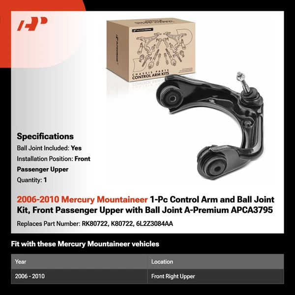 2006-2010 Mercury Mountaineer 1-Pc Control Arm and Ball Joint Kit, Front Passenger Upper with Ball Joint A-Premium APCA3795