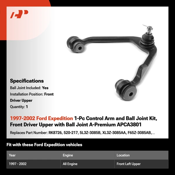 1997-2002 Ford Expedition 1-Pc Control Arm and Ball Joint Kit, Front Driver Upper with Ball Joint A-Premium APCA3801