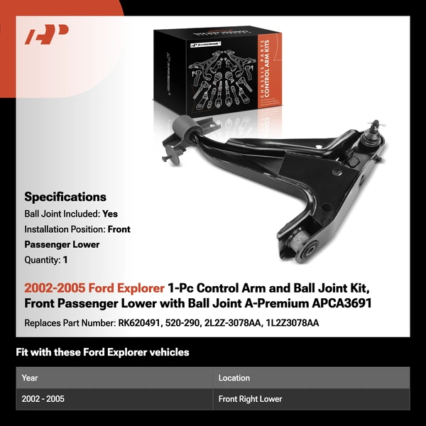 2002-2005 Ford Explorer 1-Pc Control Arm and Ball Joint Kit, Front Passenger Lower with Ball Joint A-Premium APCA3691