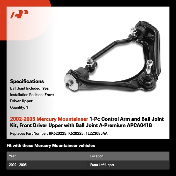 2002-2005 Mercury Mountaineer 1-Pc Control Arm and Ball Joint Kit, Front Driver Upper with Ball Joint A-Premium APCA0418