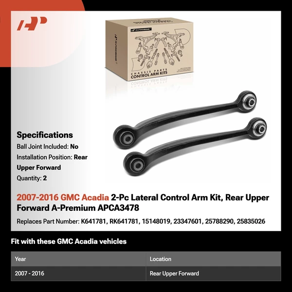 2007-2016 GMC Acadia 2-Pc Lateral Control Arm Kit, Rear Upper Forward A-Premium APCA3478